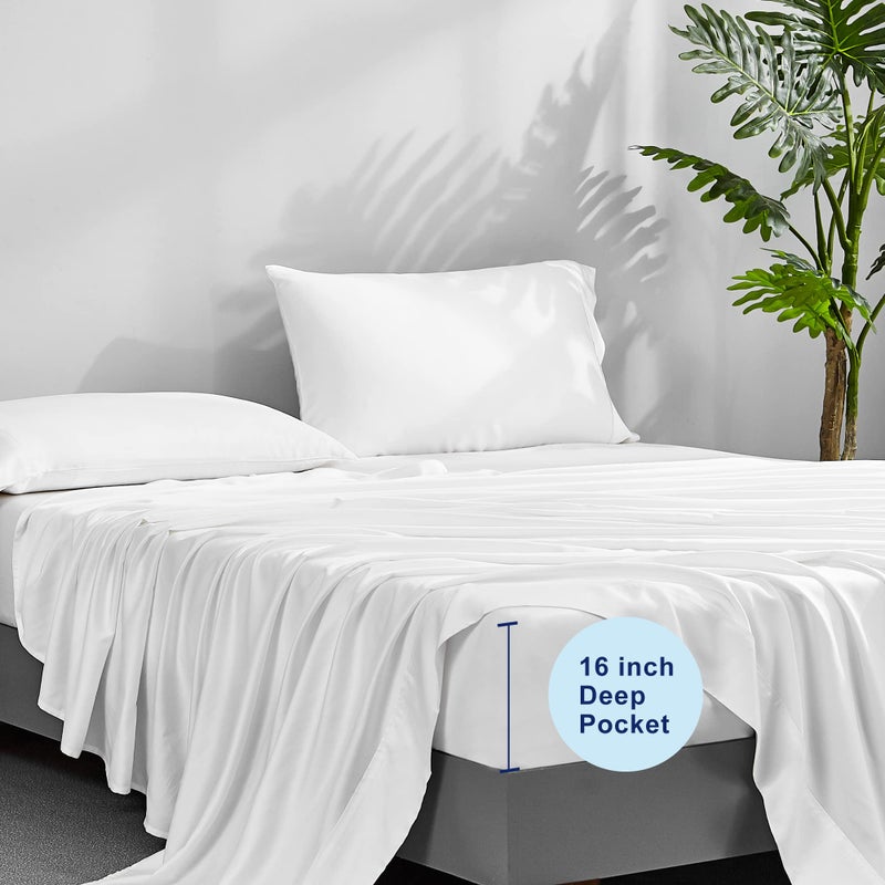 ACCURATEX Cooling Sheets Queen Size - Viscose Made from Bamboo, Luxury Cool Silky Sheet Set for Queen Size Bed, Super Soft Breathable Bedding Sheets up to 16 inches Deep Pockect,White - Image 4